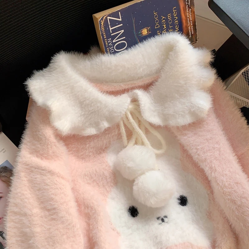 Women Kawaii Fuzzy Sweater Peter Pan Collar Drawstring Pom-Poms Jumpers Cartoon Animal Patch Long Sleeve Plush Pullover Cute Top