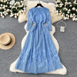 High-End Crochet Lace Hollow Out Summer Dress Women's Runway Embroidery Designer Vintage Elegant Half Sleeve Midi Dresses