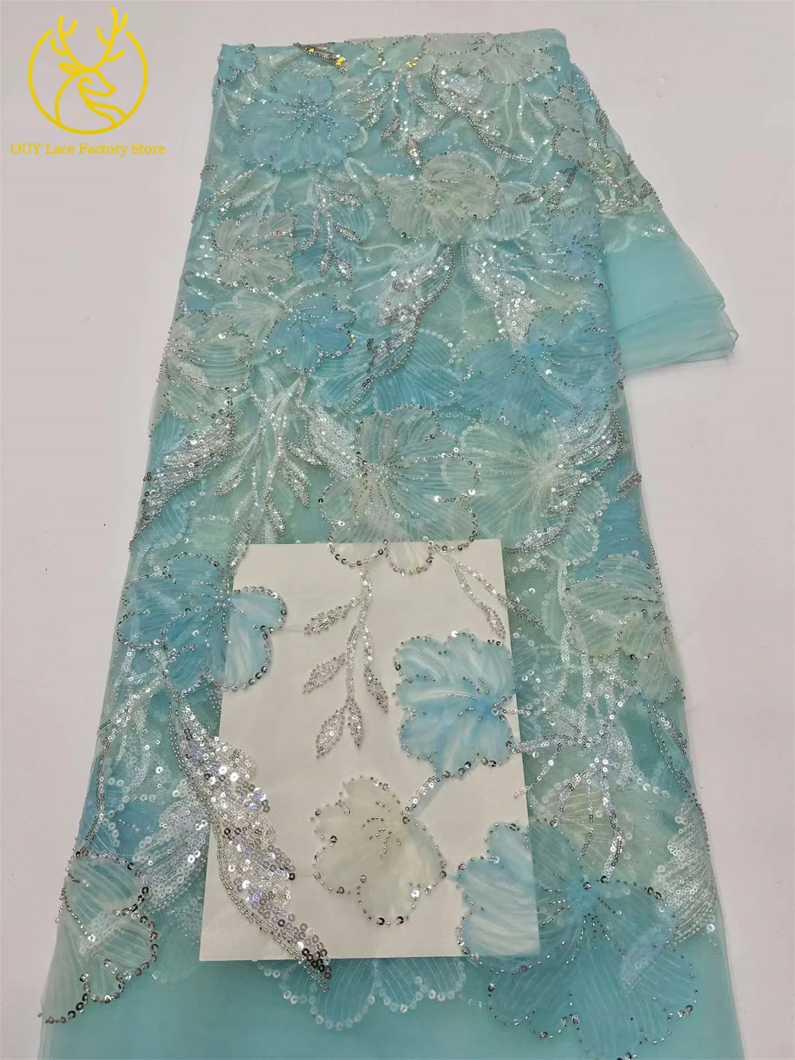 5 Yards Modischer Nigerianischer Pailletten-Tüll-Spitzenstoff 2026 Afrikanischer Perlen-Spitzenstoff Französische Spitze für Hochzeitskleider und Partykleider zum Nähen – Detail 4