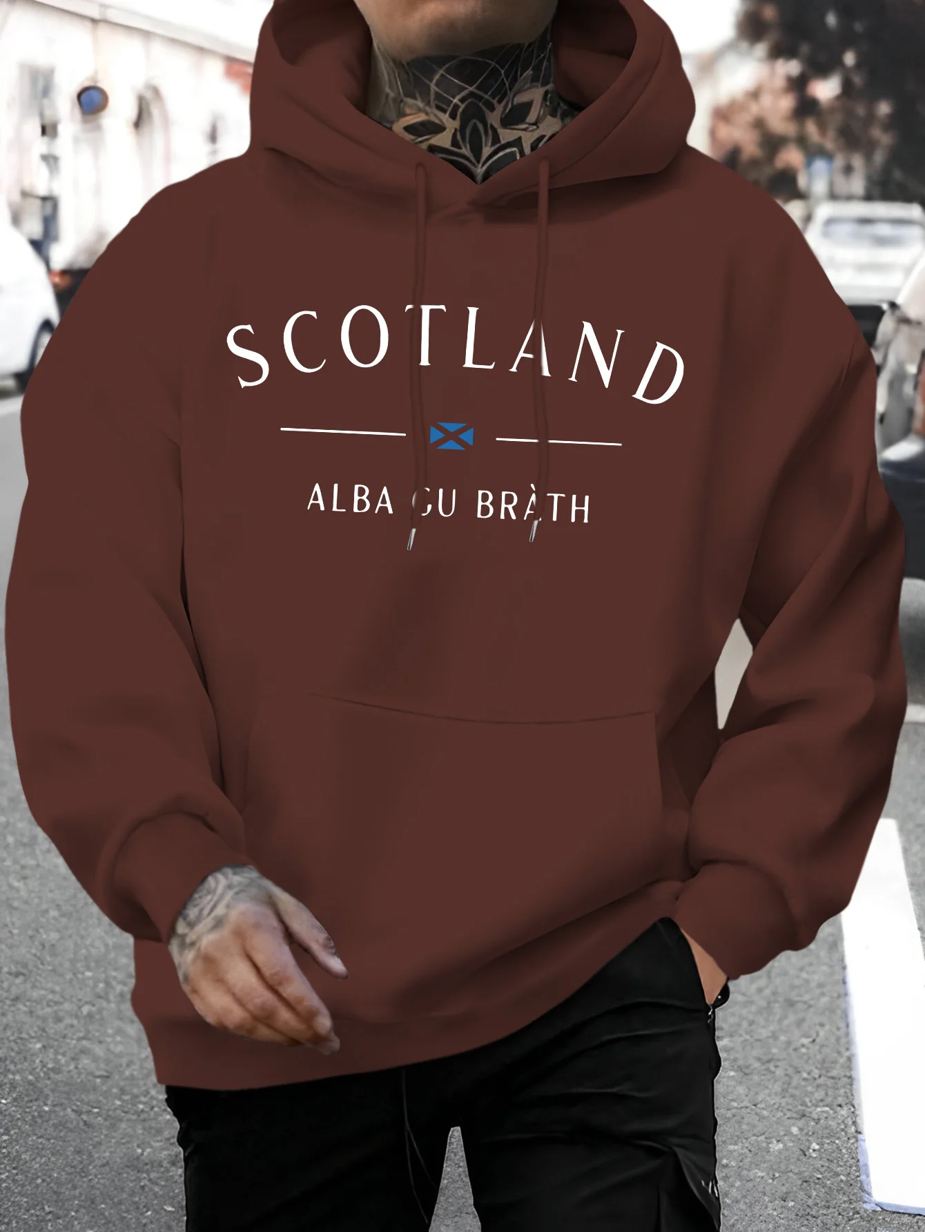 Men's New Scottish Style Letter Print Casual Sweatshirt, Fashion Drawstring Hoodie, Comfortable and Versatile Long Sleeve Hooded Sweatshirt for Autumn and Winter