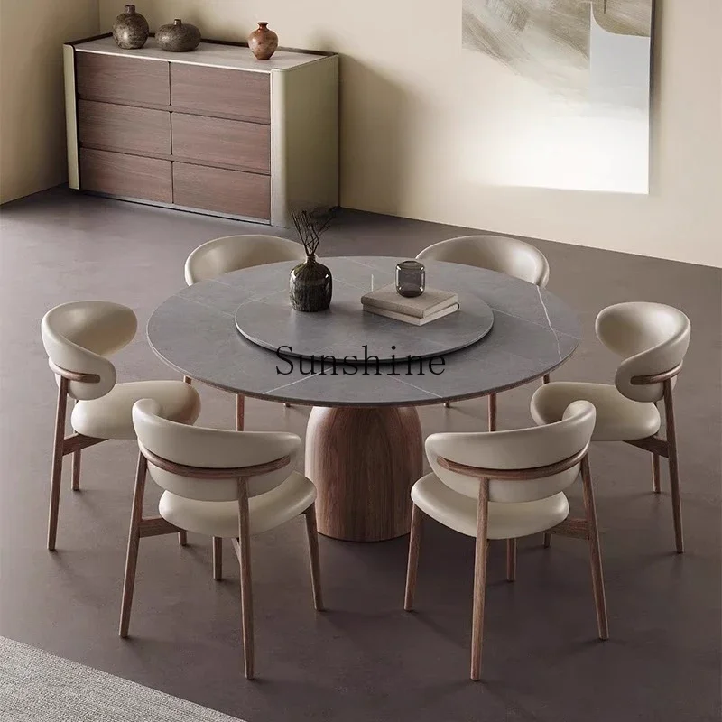 

Household medieval small apartment round dining table embedded turntable rock slab round dining table and chair combination