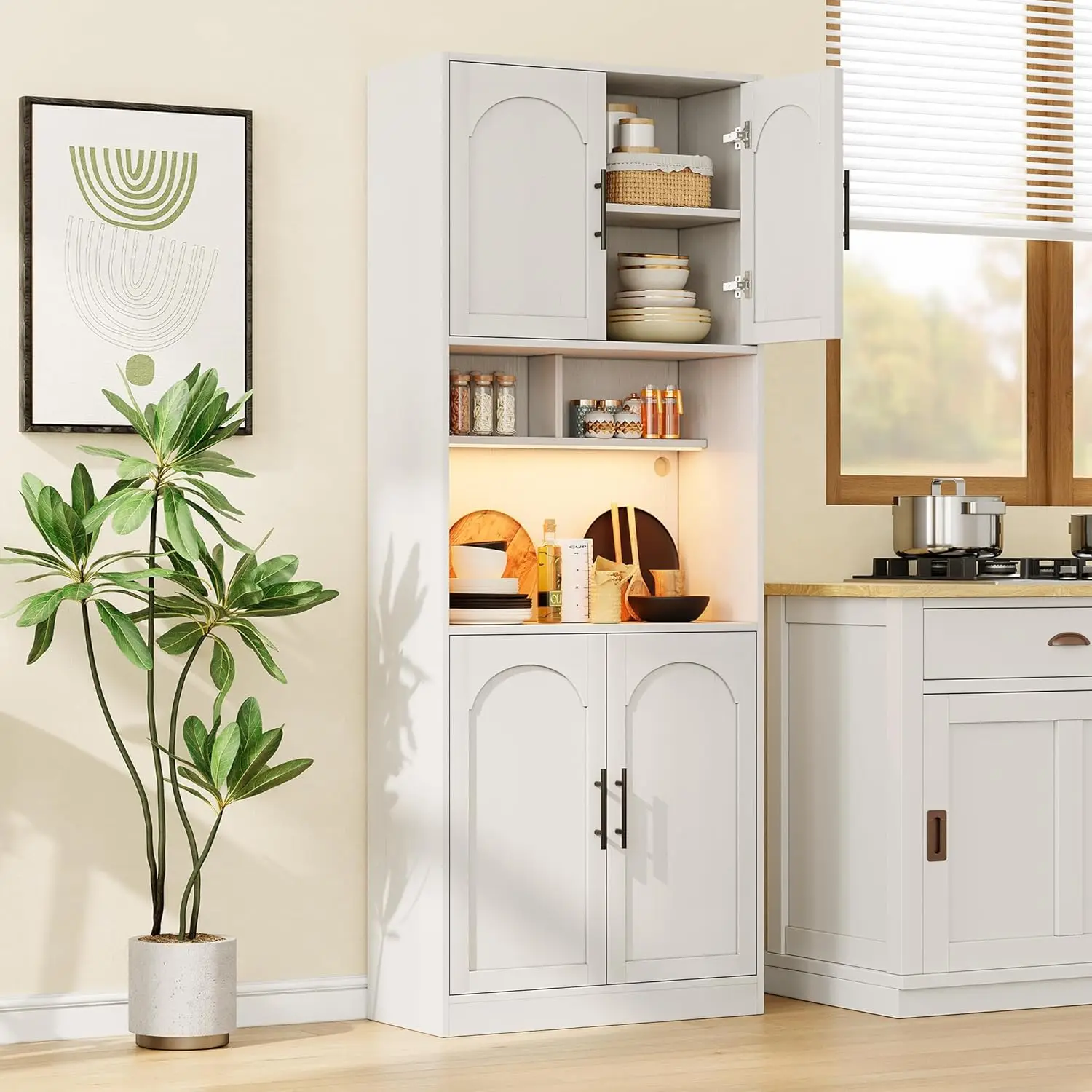 Kitchen Pantry Cabinet with RGB Light, Tall Kitchen Hutch Bar Cabinet with Microwave Stand, Farmhouse Large Wood Storage Cabinet