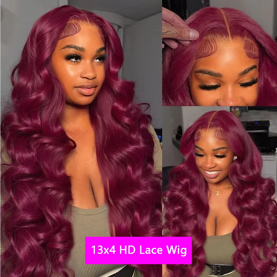 200% الكثافة 16-32 بوصة 99J خصلات الشعر المستعار الإنسان الملون الجسم موجة بورجوندي 13x4 HD الدانتيل الشفاف الباروكات الأمامية للنساء للبيع