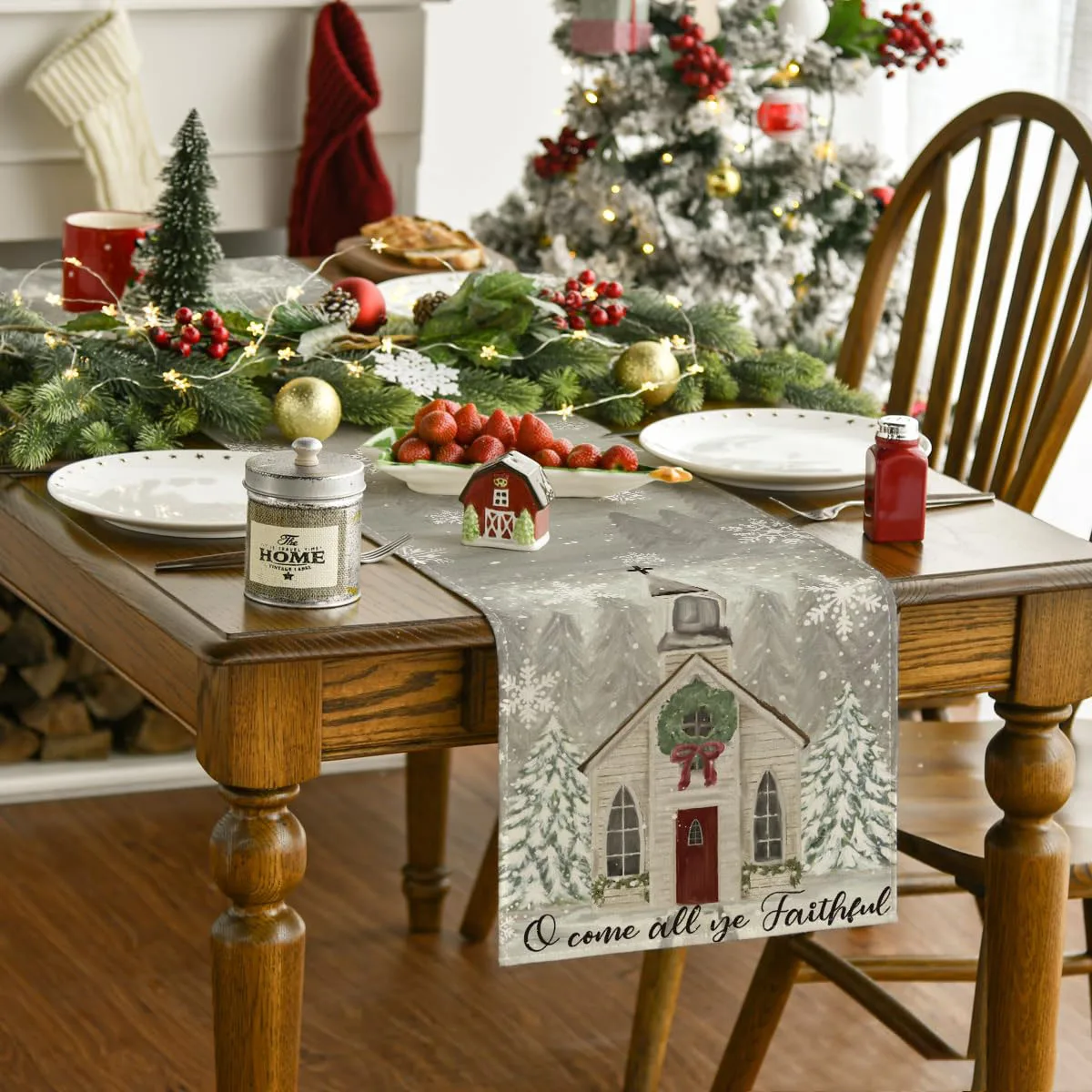 Merry Christmas Table Runner, Xmas Trees, Snowflakes, Bow Tie, Kitchen Dining Table Decor, Outdoor Home Party, 13x72 Inch