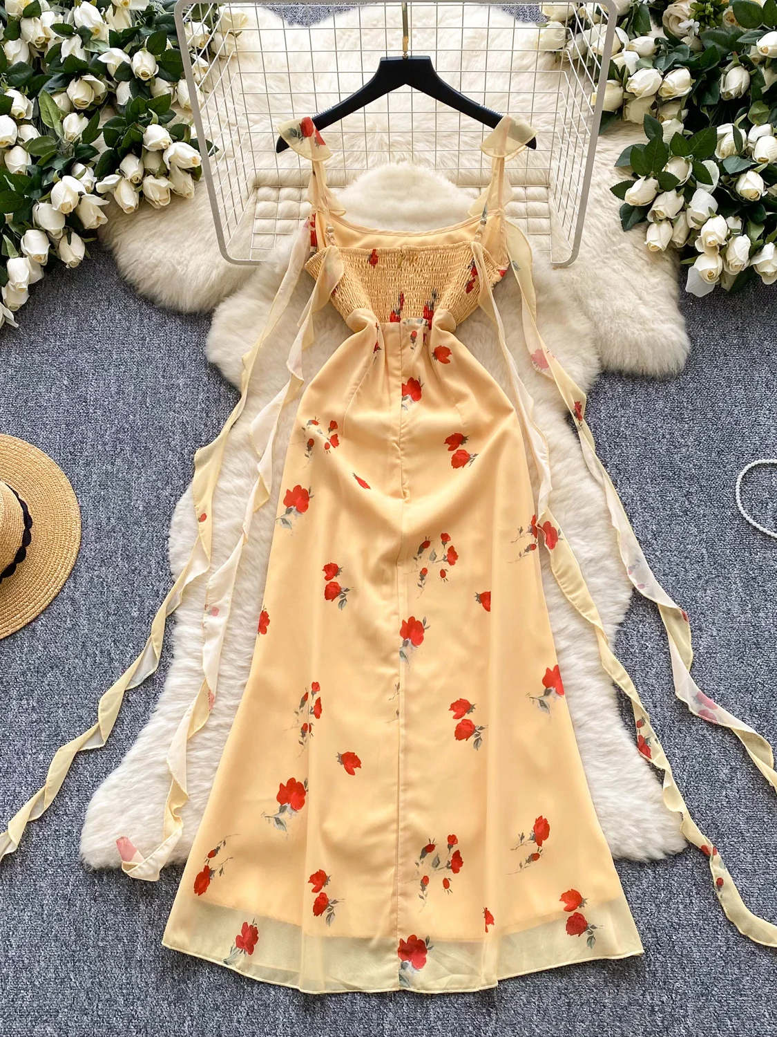 Vestido amarillo con estampado Floral y cuello ter para mujer, vestido Midi adeazante de corte en A, vestido de manga co...