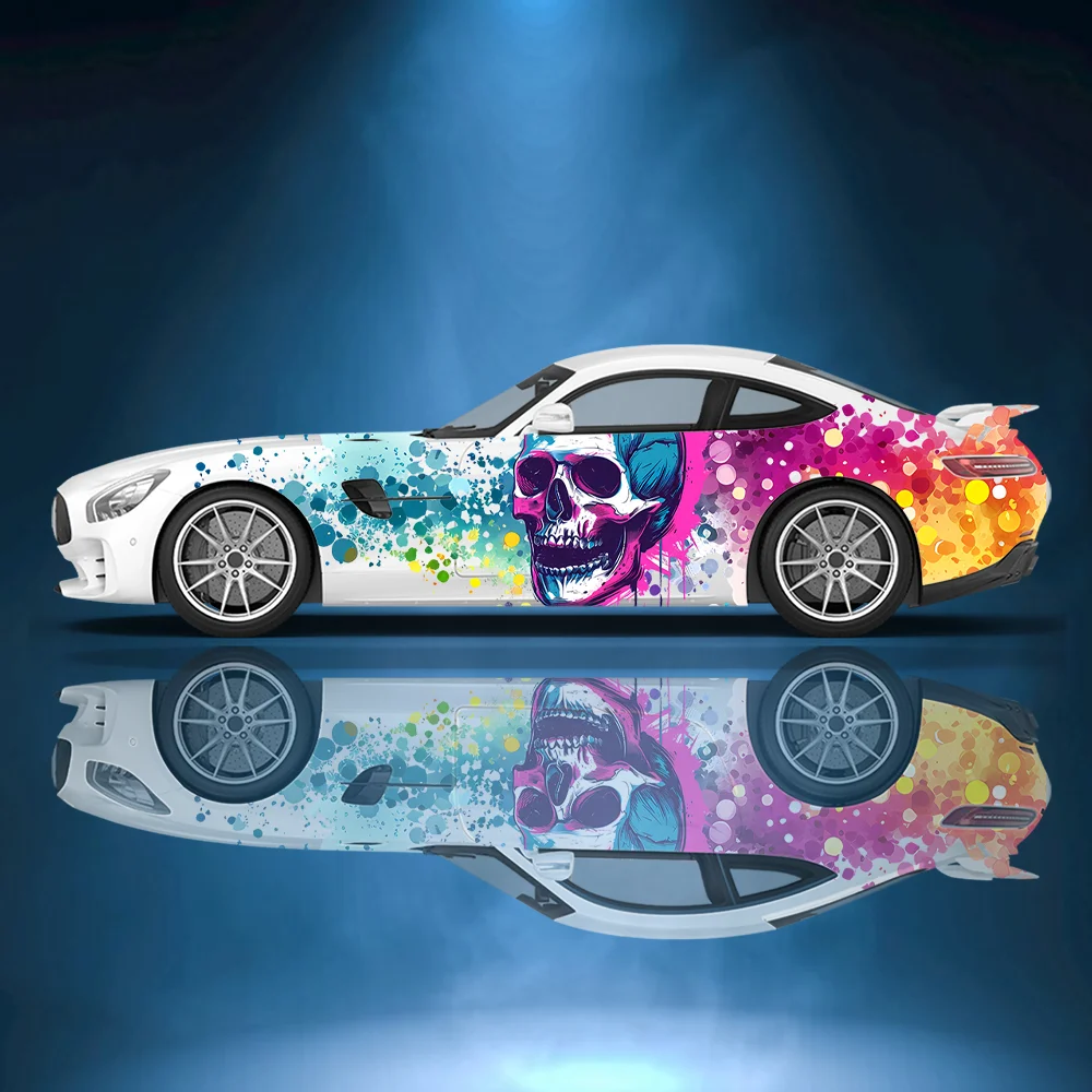 

Красочная наклейка с брызгами головы черепа, боковая наклейка автомобиля, виниловая самоклеящаяся бумага, наклейка с краской для автоспорта, подходит для декора грузовика, внедорожника