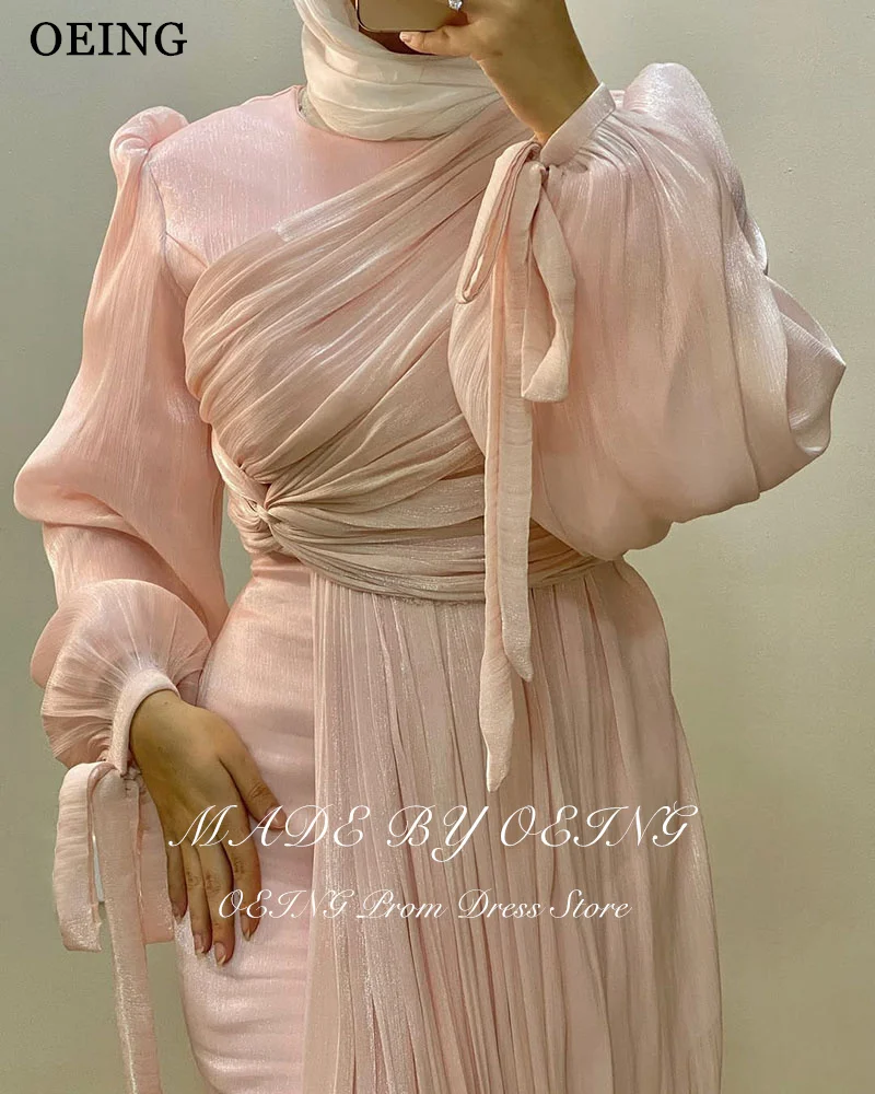 OEING Mermaid Pink Evening Dress Elegant Long Sleeves O-Neck Party Gowns Pleats Floor-Length Prom Dress Customized