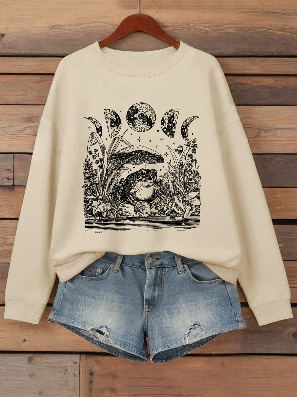 Sapo cogumelo lua bruxa imprime moletom feminino crewneck básico hoodie solto velo quente pulôver inverno macio roupas femininas