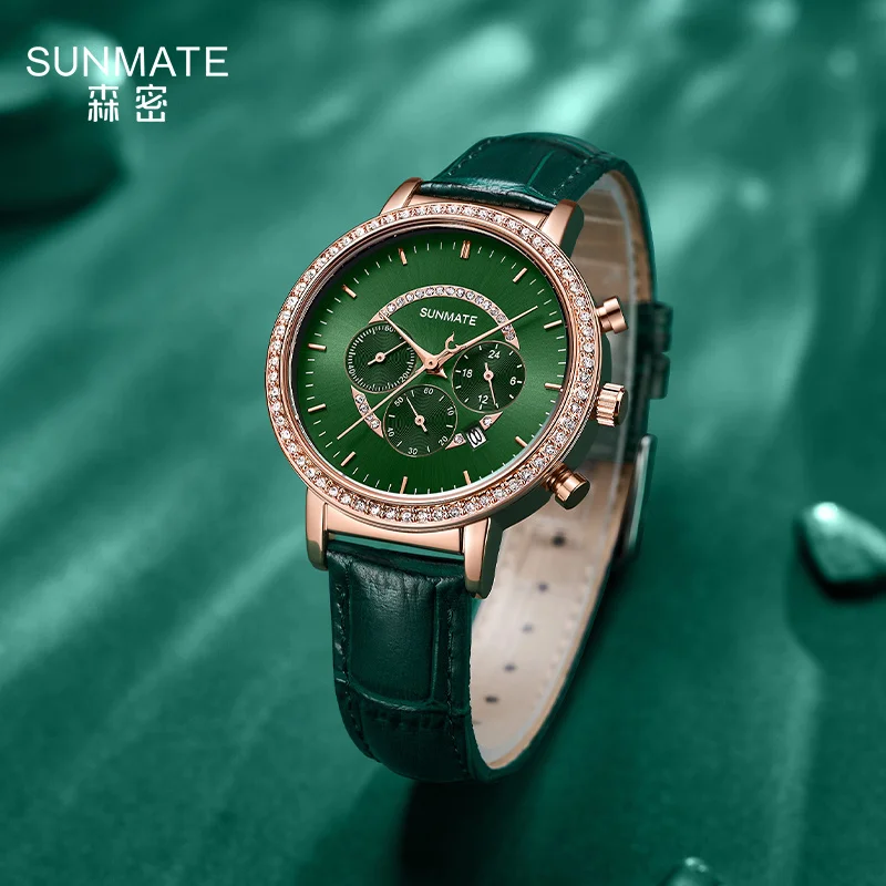 SUNMATE นาฬิกาผู้หญิงหรูหราและสง่างามระดับท็อป กลไกนำเข้า สายหนังแท้ นาฬิกาควอตซ์กันน้ำสำหรับผู้หญิง