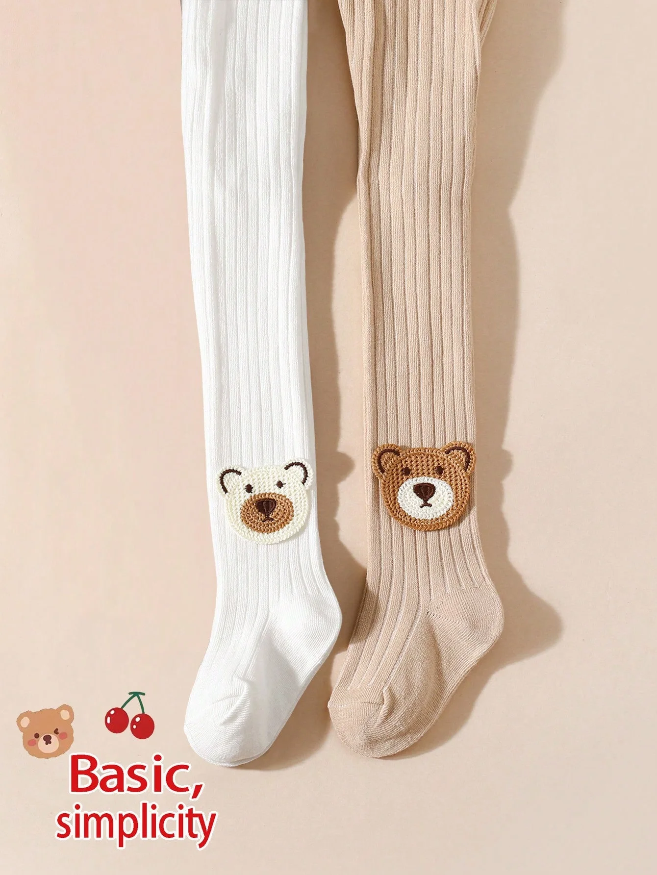 2 Pairs of Cute Little Bear Decorative Striped Tights, Soft and Non-Slip Leggings Suitable for Babies Aged 0-36 Months Daily Wear