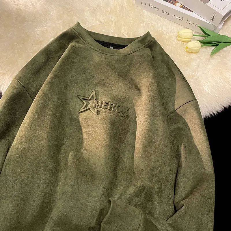 

Korean green suede sweatshirt for men oversize trendy brand high end bottoming hoodless heavyweight American high street lazy