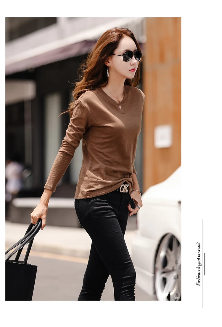 2026 Langarm Frühling Damen Slub-Baumwoll-T-Shirts mit Knöpfen, grüner V-Ausschnitt, einfarbiges T-Shirt, kaffeefarben, koreanische weiche, lockere Oberteile – Detail 13