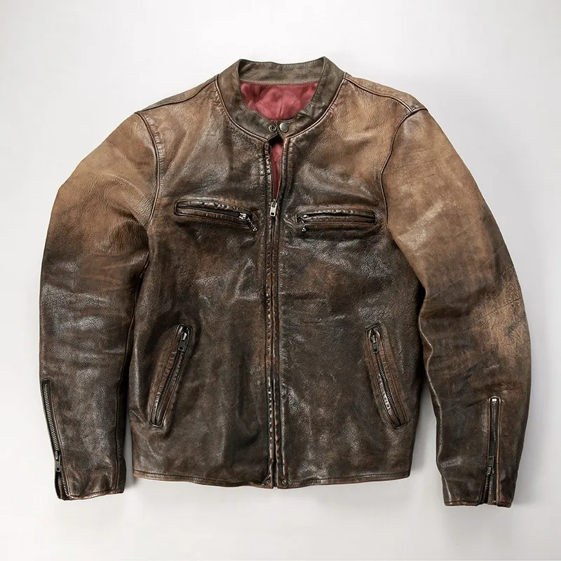 Stand-up collar motorcycle washed vegetable-tanned yellow cowhide leather men's