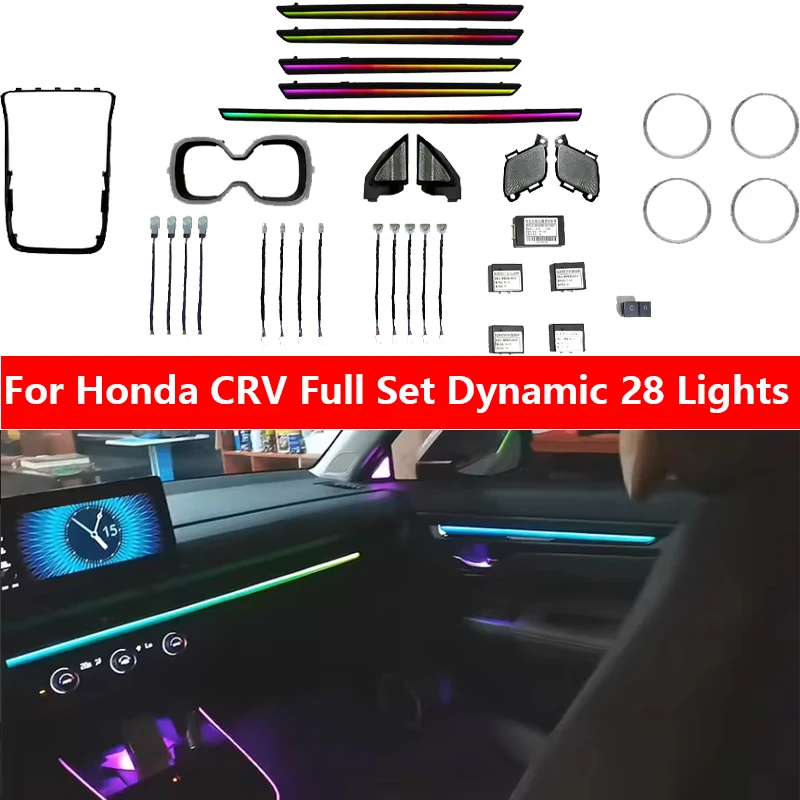 Full Set 64 Color Dynamic Ambient Light 28 in 1 For Honda CRV 2023 Dashboard Door LED Panel Decorate Atmosphere Lamp APP Control