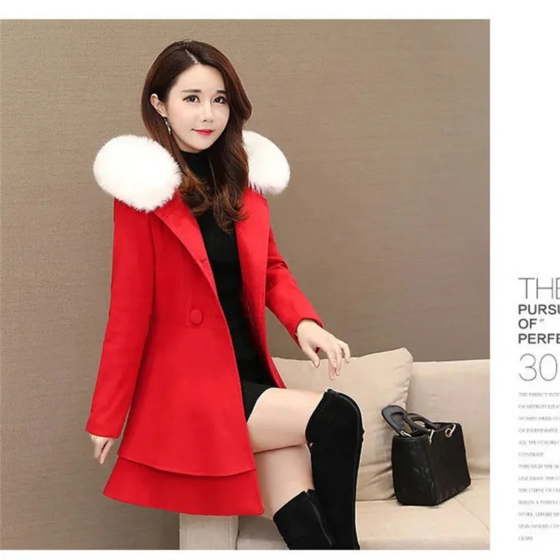 2023 New Winter Women\'s Woolen Blend Coat A-Line Double-Breasted Jackets Female Fur Collar Office Lady Wool Outwear