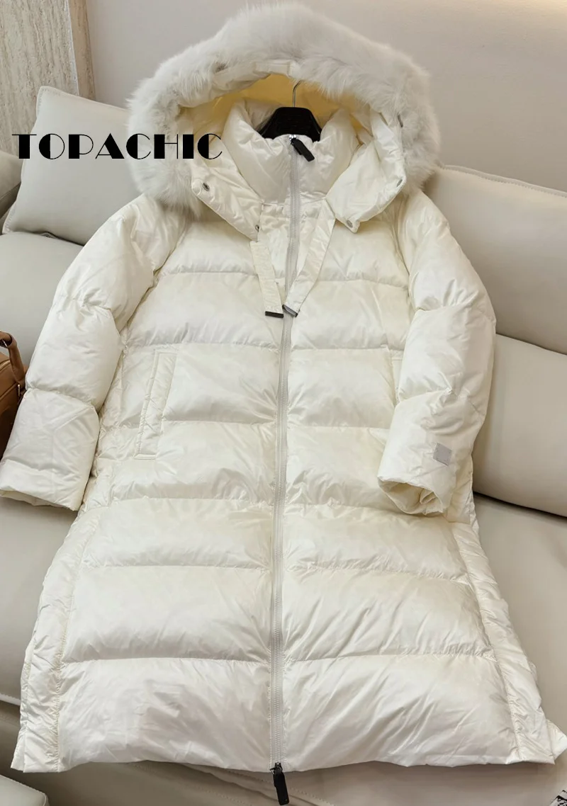 8.31 TOPACHIC-Women Fashion Big Fox Fur Collar Goose Down Keep Warm Outerwear Quilted Hooded Keep Warm Loose Long Jacket