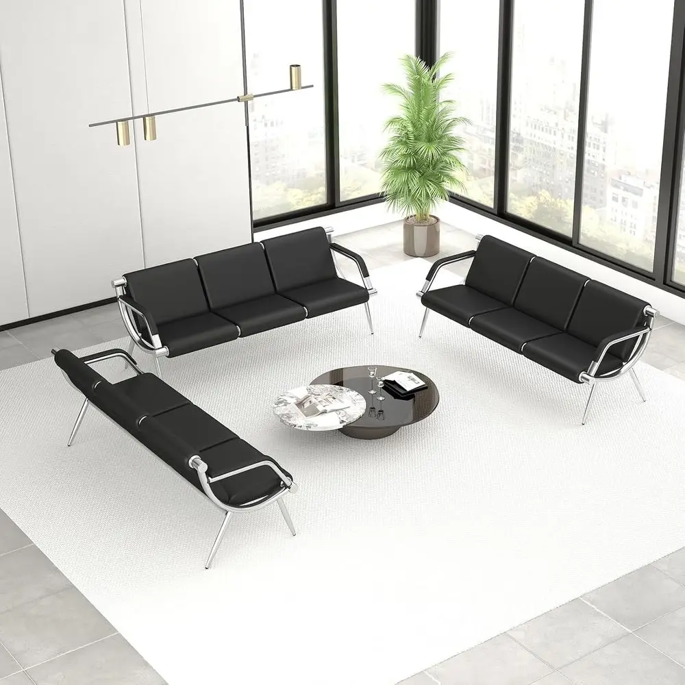 

Трехместные усиленные стулья для залов ожидания из искусственной кожи с мягкими сиденьями для офисов, клиник или вестибюлей больниц, черные