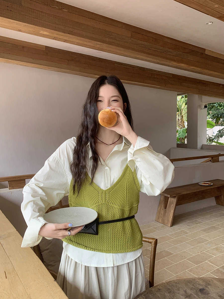 

Linyunyun Green Knitted Crop Top Women's Basic Layering Shirt Casual Loose Fit Long Sleeve Breathable Spring Fashion