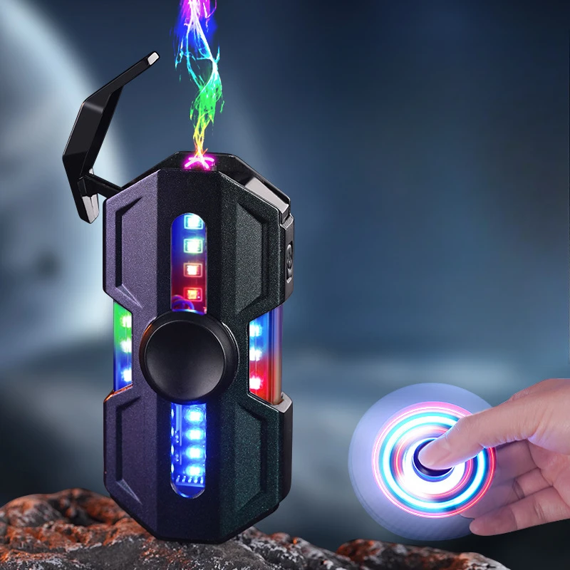 New Spinning Gyro Dual Arc USB Lighter Type-C Fast Charging Portable Outdoor Windproof Power Display Plasma Pulse Lighter Gift