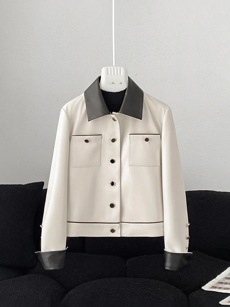 سترة نسائية من الجلد الطبيعي قصيرة للربيع والخريف وطية صدر فنية بقصة ضيقة من جلد الخراف وجيوب واحدة باللون الوردي #4