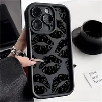 Black Lips Kiss Print Soft Silicone Phone Case For iPhone 16 15 Pro Max 14 13 12 11 Pro Max 7 8 15 Plus X XS XR Shockproof Cover