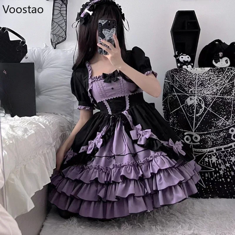 Victorian Vintage Lolita Dress Women Gothic Y2k Puff Short Sleeve Laminated Flounces Mini Dresses Bow Ruffles Princess Vestidos