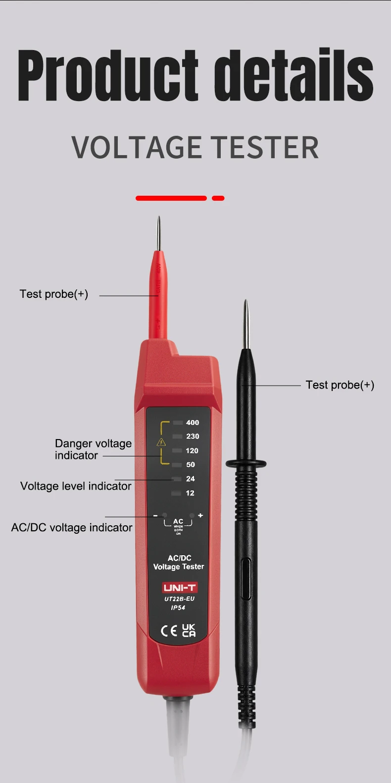 UNI-T UT22B-EU Spannungsanzeiger AC/DC Digital-Voltmeter Spannungsmessgerät Phasenfolge-Kontinuitäts-Multimeter – Detail 4
