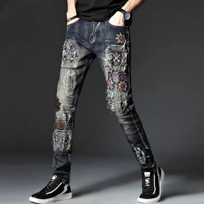 Men's Clothing Trendy Brand Embroidered Jeans Trendy Slim-fit Small Foot Ripped Beggar Autumn and Winter Elastic Pants