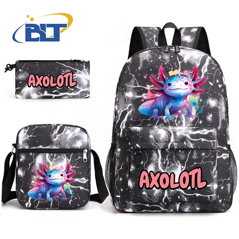 Conjunto de mochila escolar con estampado Axolotl para niños, bolso de hombro informal, bolso de lápiz, Juego de 3 piezas, regalo para estudiantes