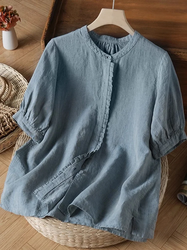 

Retro Cotton Linen ort Sve irt Women Summer Versatile Casual Loose Slimming Splicing Wooden Ear Linen Top