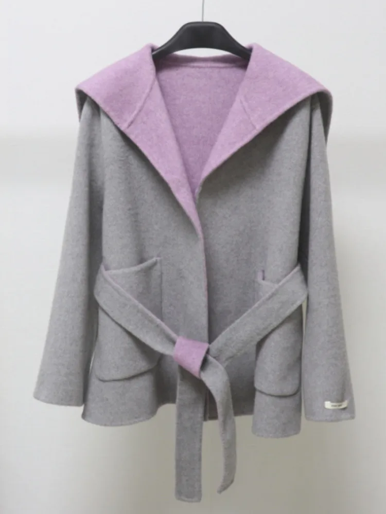 ZMEENNA エレガントな女性のベージュウールブレンドショートコートデザインスタイリッシュで暖かいアウタージャケットとタイベルト ZM3871