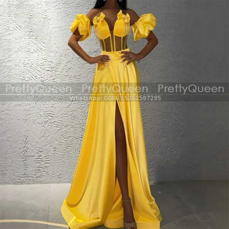 Abito da sera linea A giallo oro con maniche corte Abiti da ballo personalizzati con spacco laterale lungo e vita trasparente