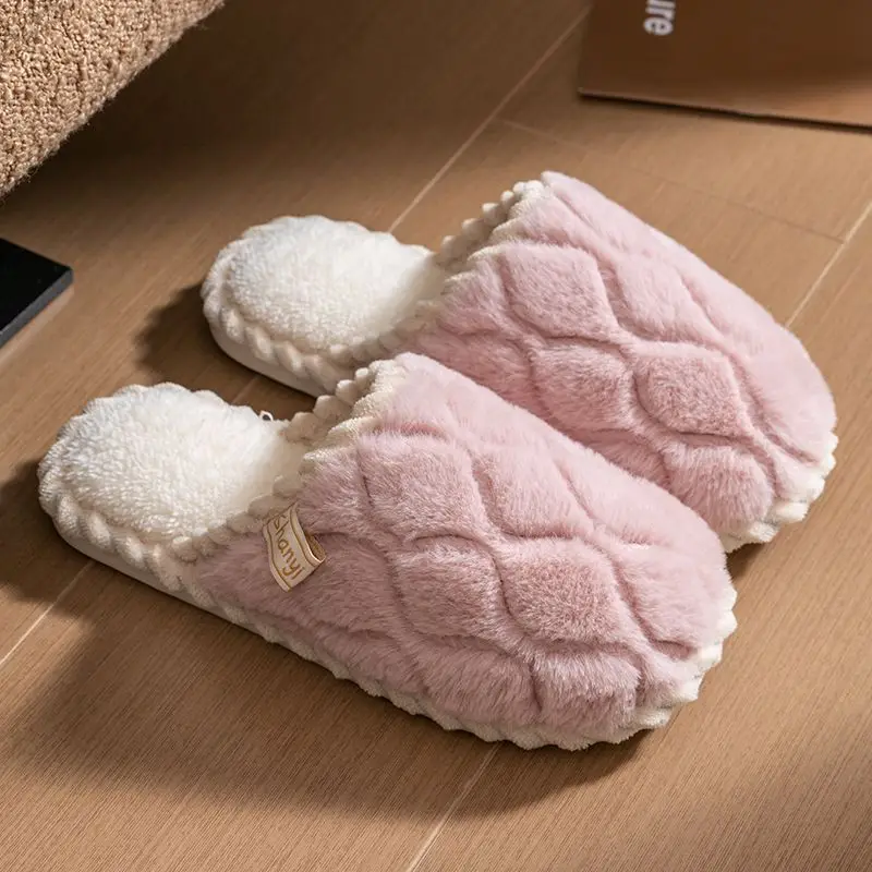 New Women Cotton Slippers House Couples Fluffy Slides Autumn Winter Solid Warm Plush Slippers Bedroom Ladies Cotton Shoes TG28