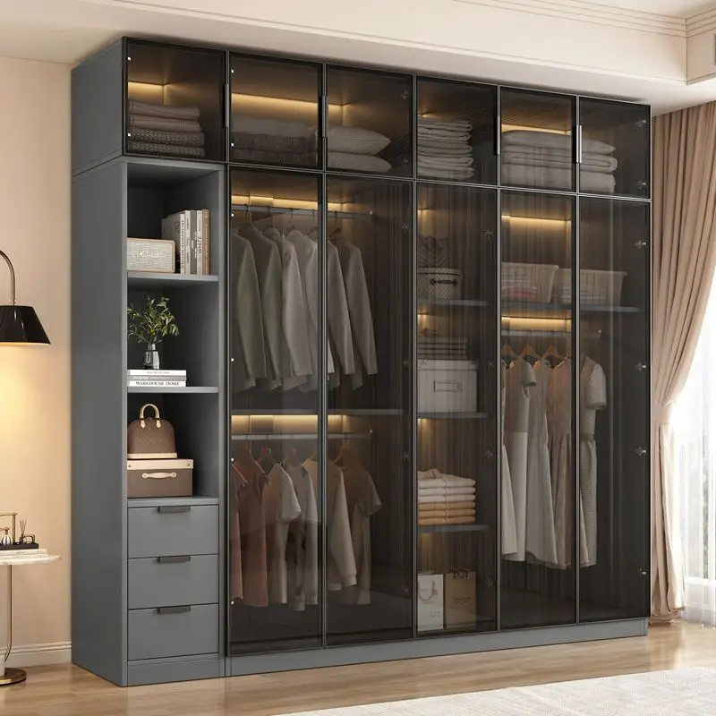 Solid wood wardrobe household bedroom glass door new 2025 explosion storage cabinet small apartment rental room wardrobe