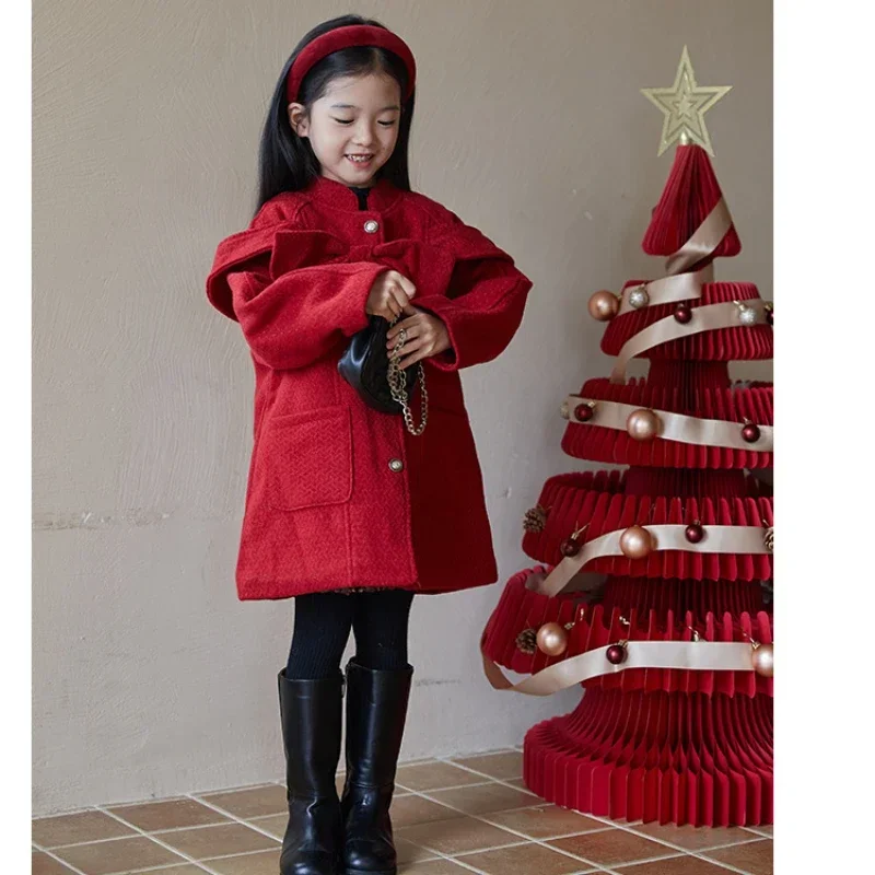 Mom and Baby Girl Red Long Jacket for Christmas Winter New Year Mother Daughter Matching Thick Warm Tweed Coat Women Outerwear