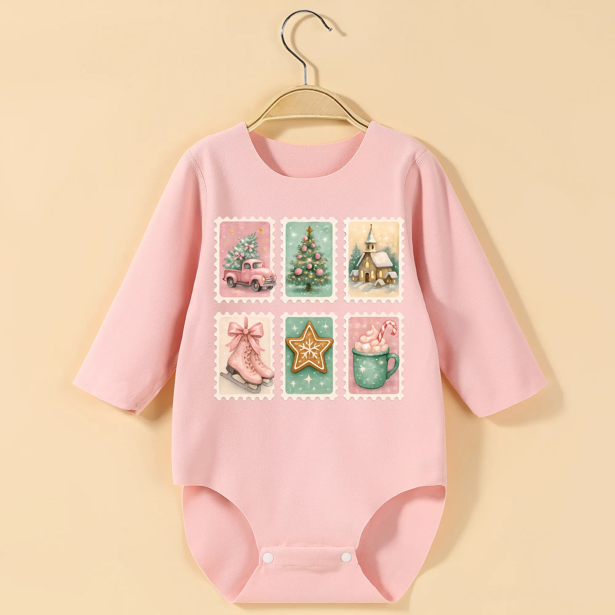 

Детское боди с длинными рукавами Merry Christmas on Stamps, комбинезон с изысканным принтом для роста, детская одежда 60–90 см, удобный комбинезон