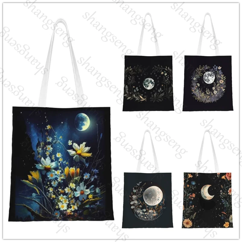 

Tote bag shoulder bag fashionable canvas handheld folding bags casual large capacity shopping bag Moon Flower