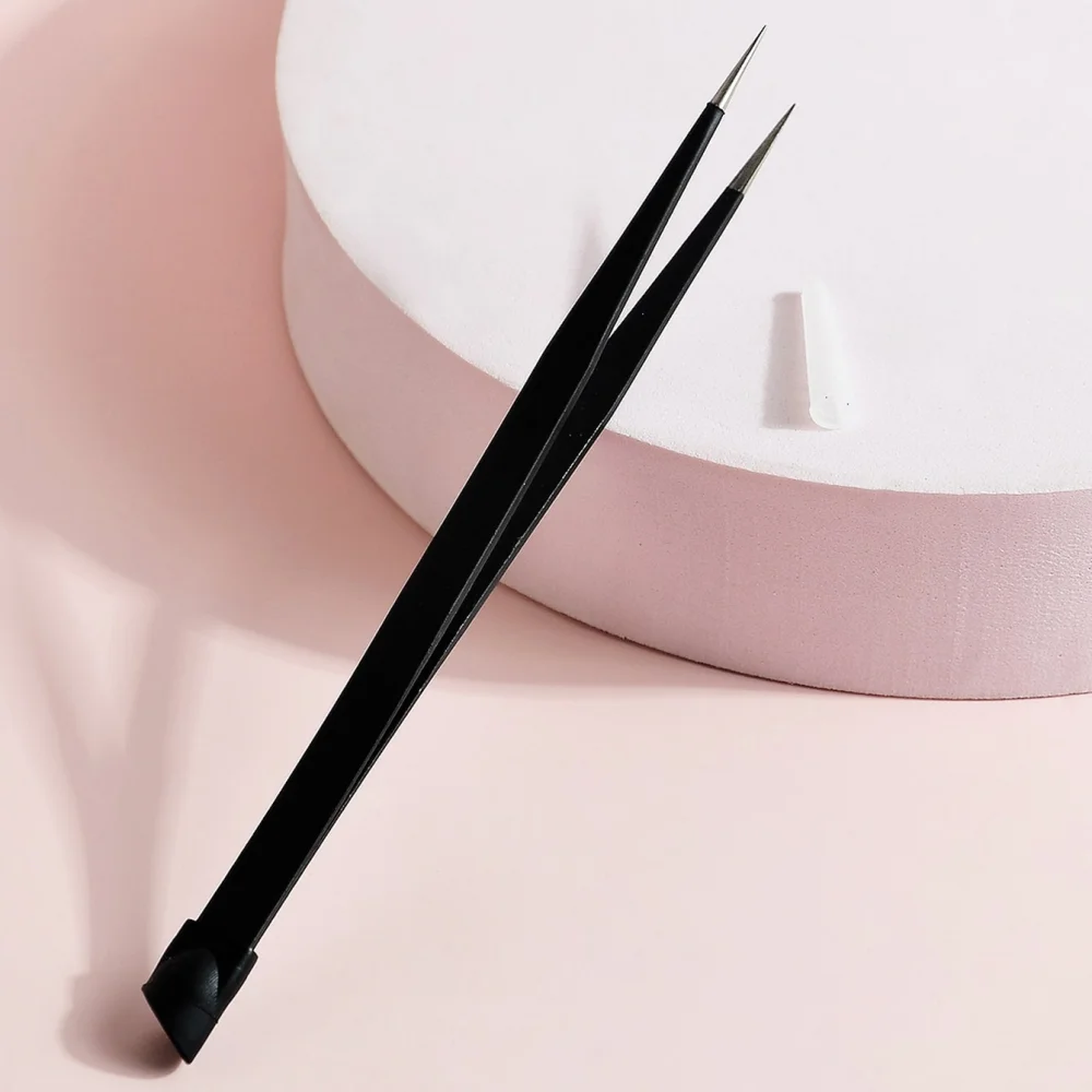 1個 ブラック精密ネイルアートピンセット - ラインストーン、デカール、ネイルデコレーション用ステンレススチールストレートチップツール