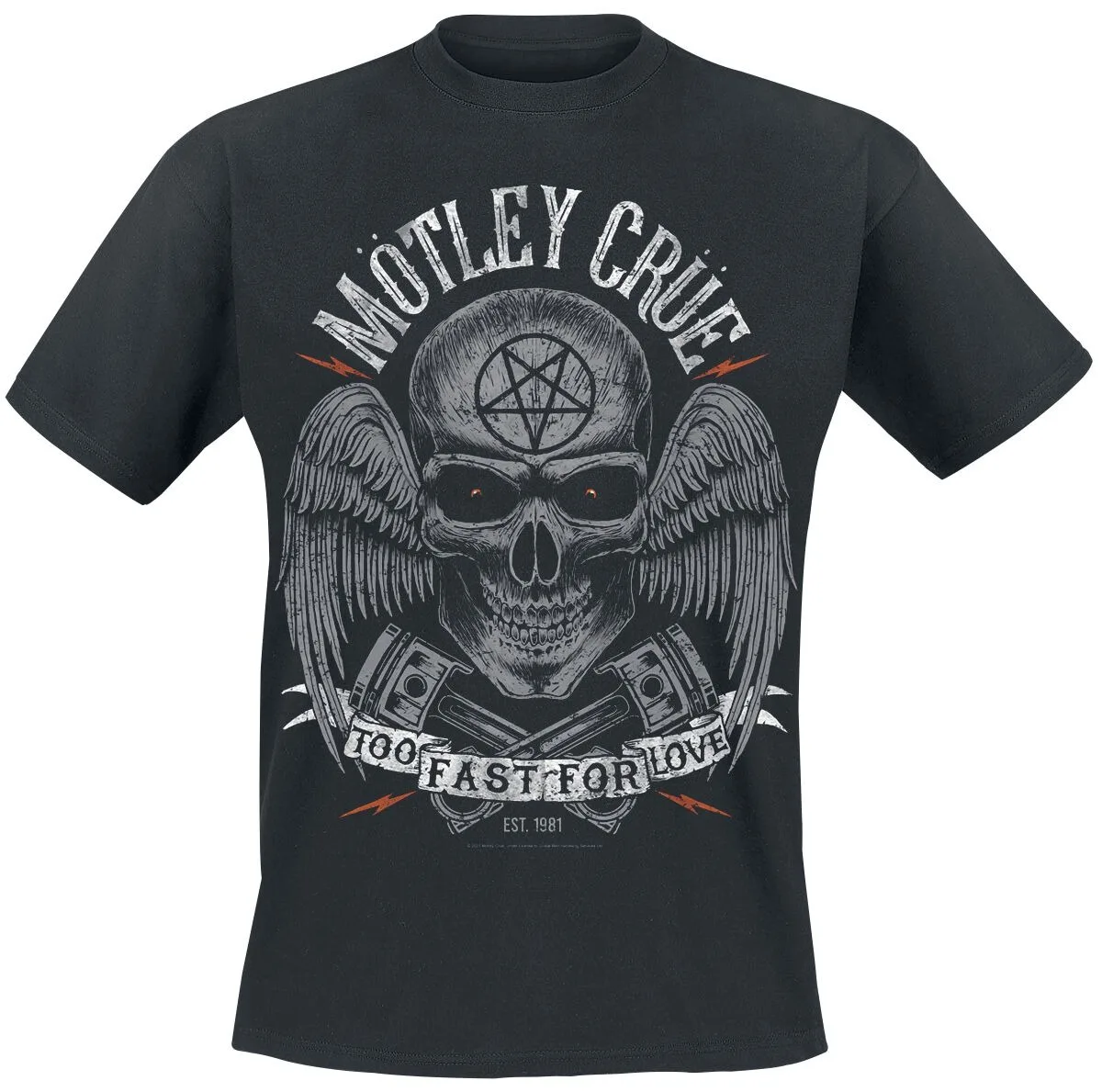 Mötley Crüe Too Fast for Love Tee, Glam Rock T-Shirt with Winged Skull & Piston Print, Band Fan Merch