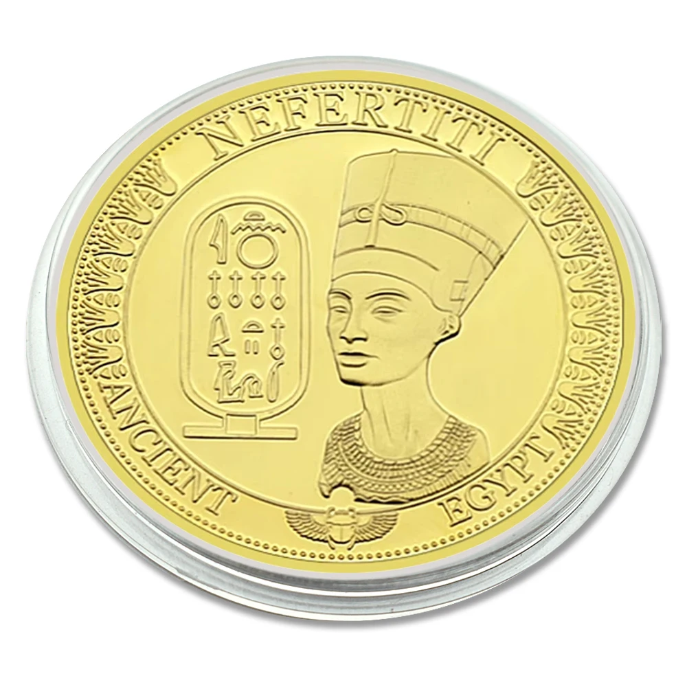 Ancient Egyptian Nefertiti Gold Plated Challenge Coin The Queen of The Pharaoh of Egypt Metal Medal with Plastic Case Art Craft