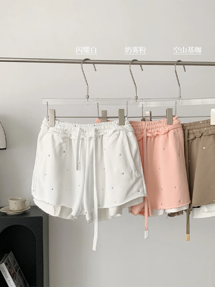 

2023 Summer Women Cozy Solid Color Rhinestone Elastic Waist Hot Pants 2000s Aesthetic Bottoms Drawstring Shorts Trend Streetwear