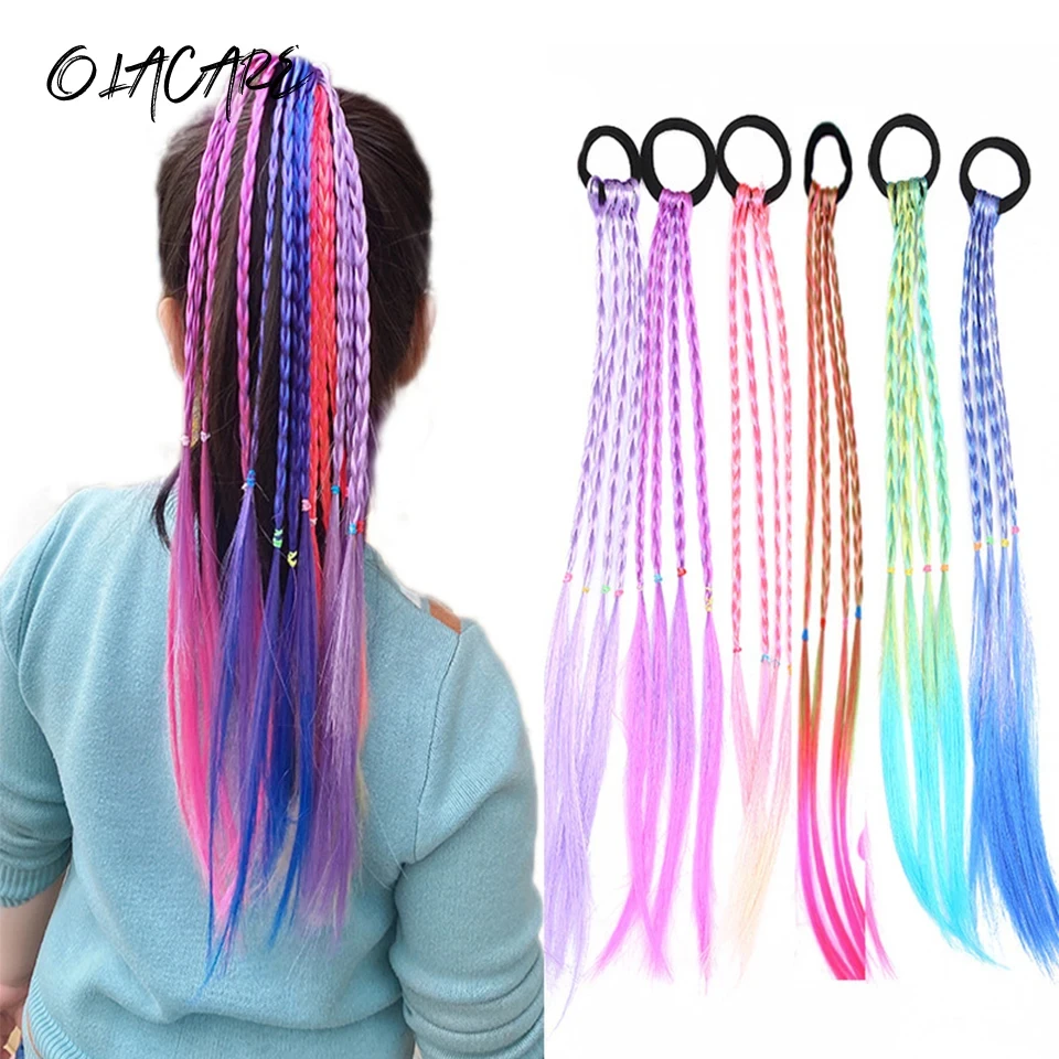 OLACARE Synthetic Long Box Braids Hair Ponytail With Rubber Bands Rainbow Twist Braided Highlights Ponytail For Women