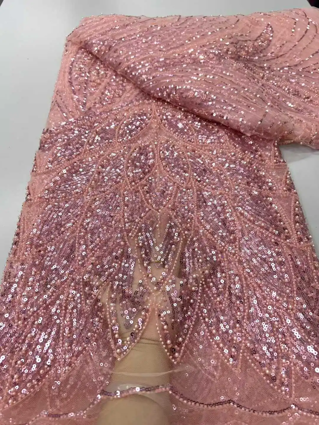 

Luxury French Mesh Beaded Lace Fabric Pink 2025 High Quality African Sequins Groom Lace Fabrics For Nigerian Wedding Dress Women