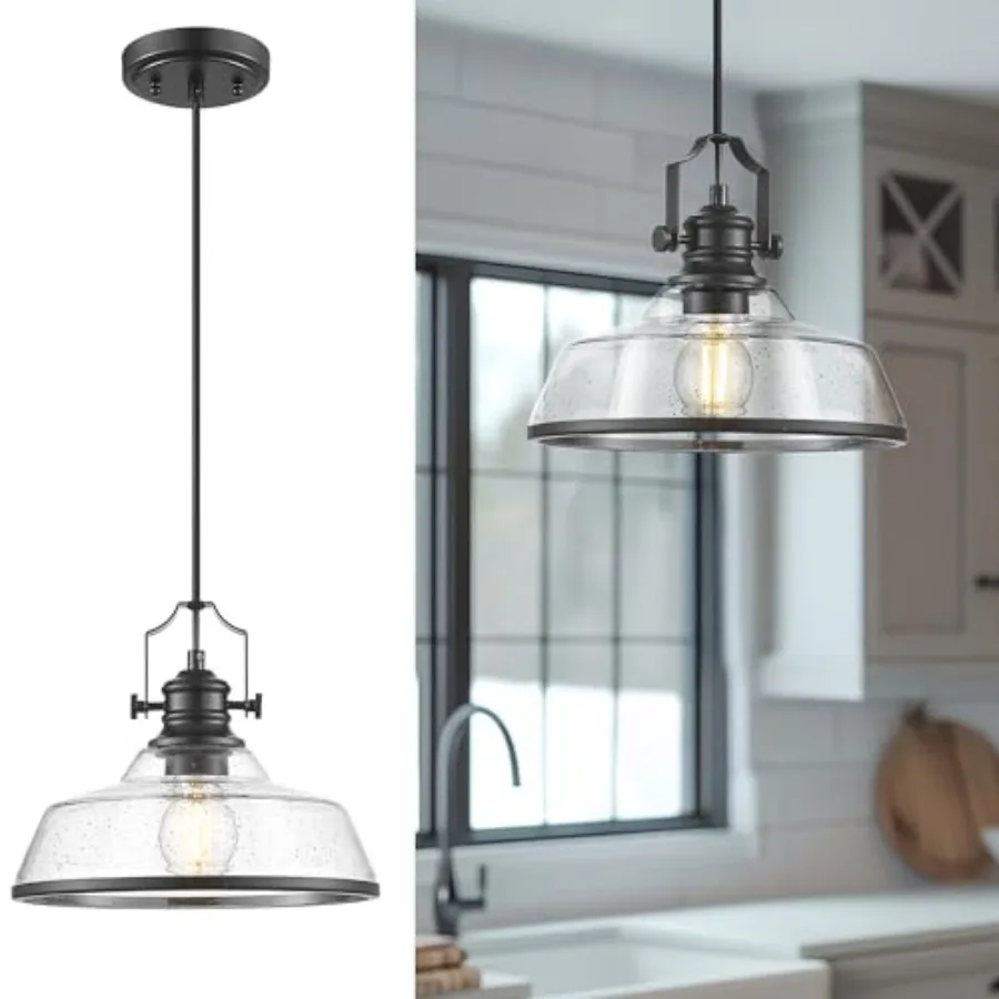 Seeded Glass Pendant Light Kitchen Island Adjustable Cord Farmhouse Kitchen Light Fixture KDPL13-BK-S