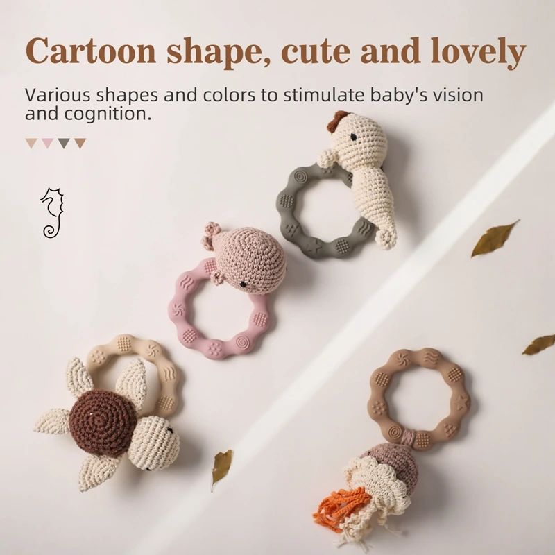 1Pcs Baby Teether Music Rattles for Kids Baby Silicone Teether Ring BPA Free Rattles Bracelet Food Grade Animal Crochet Rattle