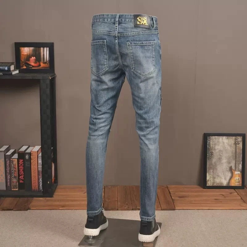 Fashion Streetwear Men Jeans Retro Blue Stretch Slim Fit Vintage Ripped Jeans Men Trousers Patched Designer Hip Hop Pants Hombre