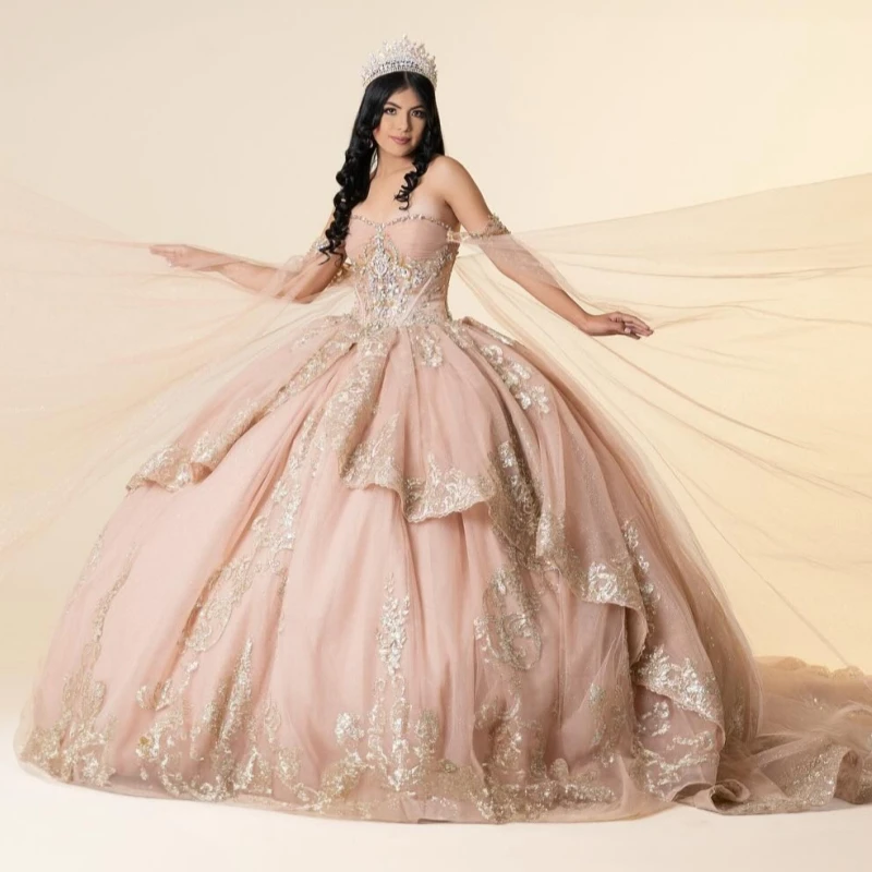 

Pink Shiny Quinceanera Dresses Off The Shoulder Gold Applique Lace Beading Crystal Tull With Cape Party Birthday Sweet 16 Dress