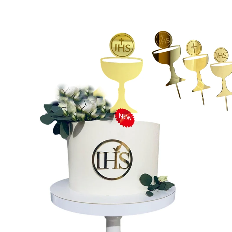 Nova Decoração de Topo de Bolo Jesus Grail Jesus para Aniversário, Pomba e Cruz em Acrílico Dourado para Eucaristia, Batizado de Bebê, Festa e Bandeira de Bolo