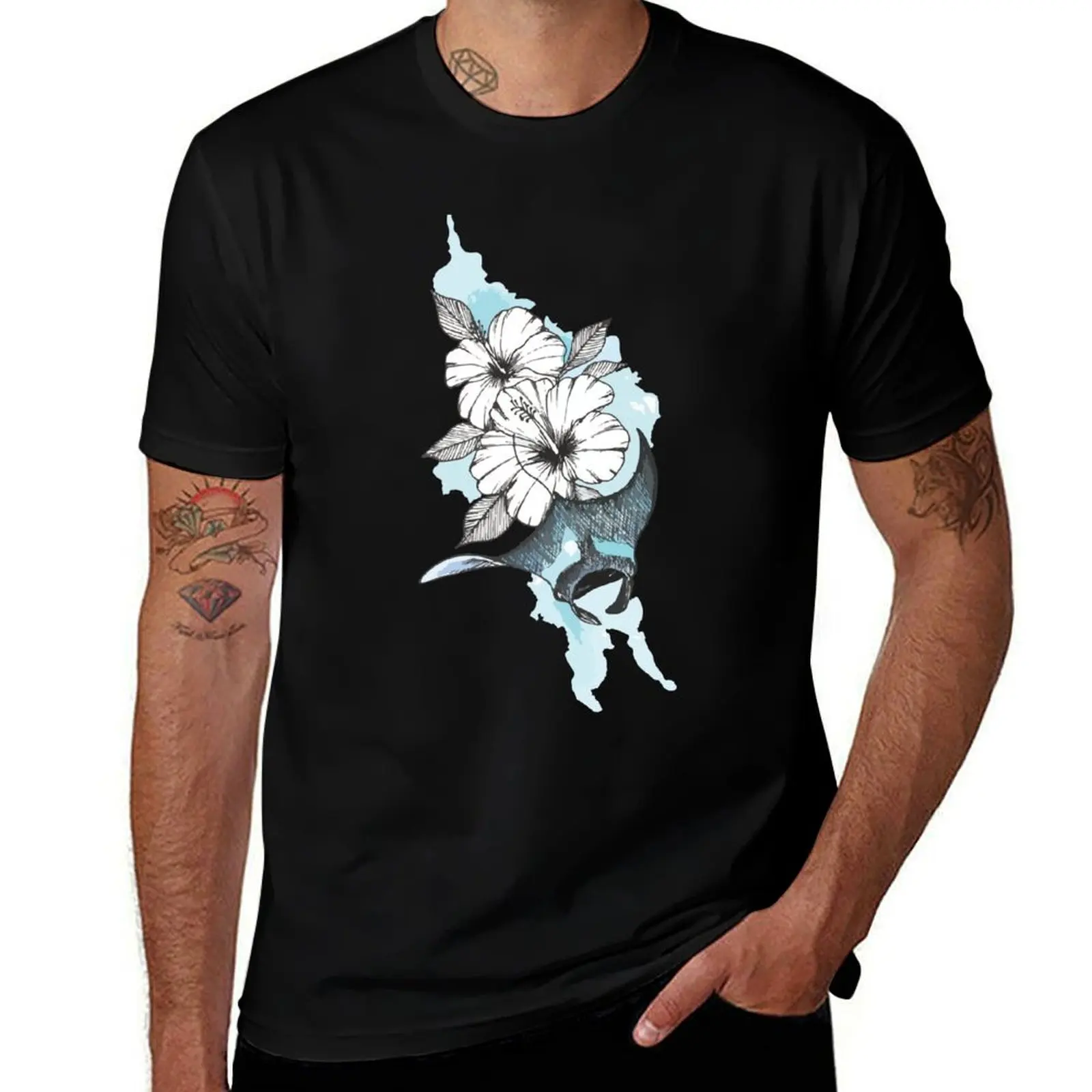 Manta Ray With Flowers | Manta and Hibiscus T-Shirt Large Size Short Sleeve T-Shirt
