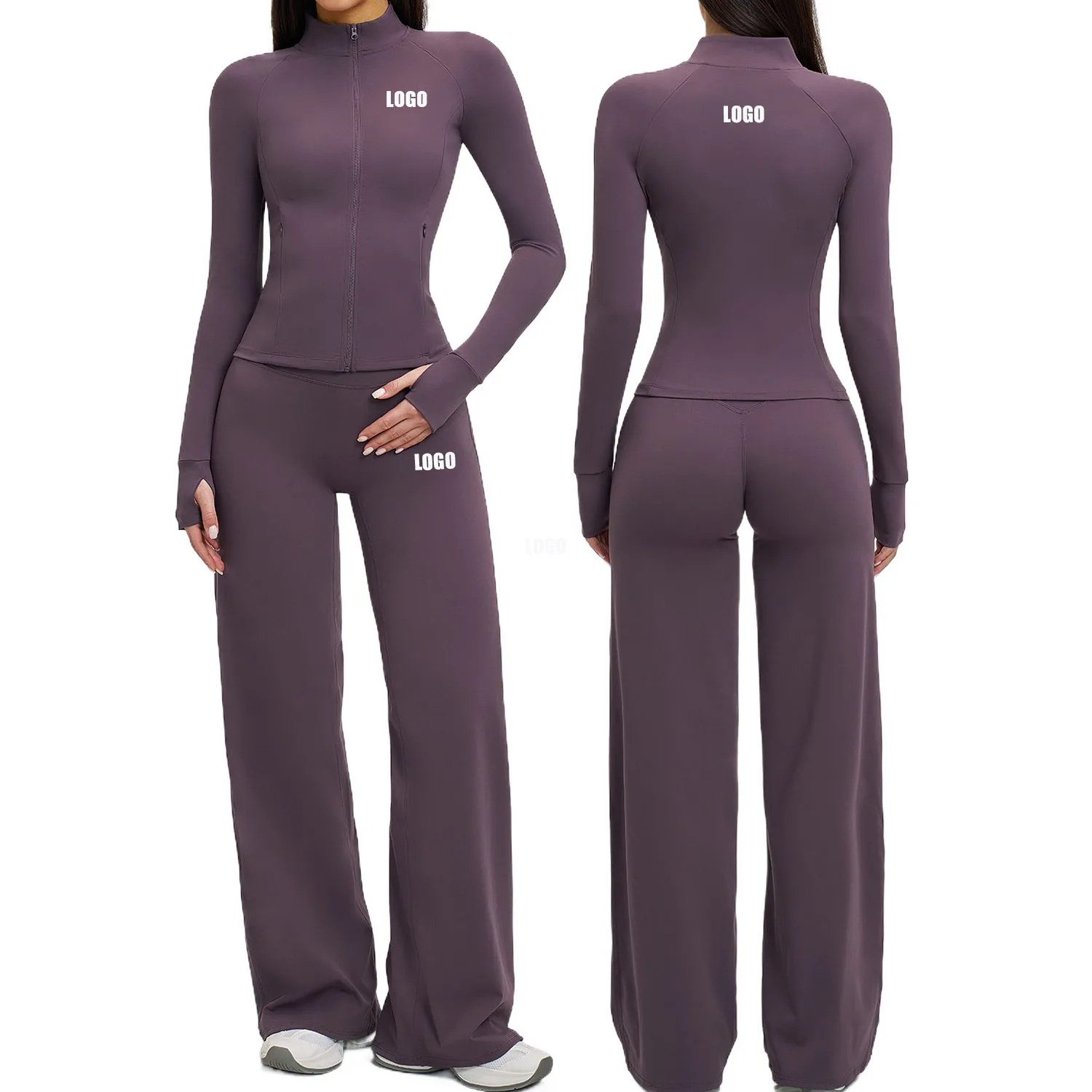 

Custom LOGO women's long-sleeved casual yoga suit jacket wide-leg trousers sports running fitness two-piece set
